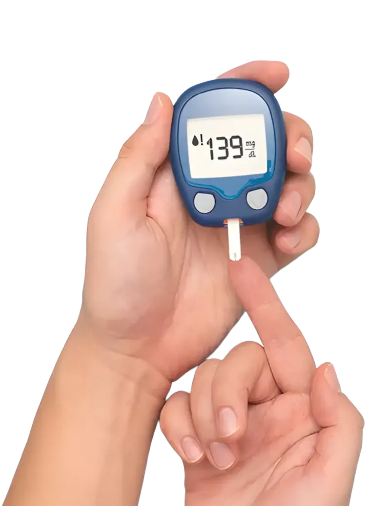 Hand checking blood sugar level with glucose meter