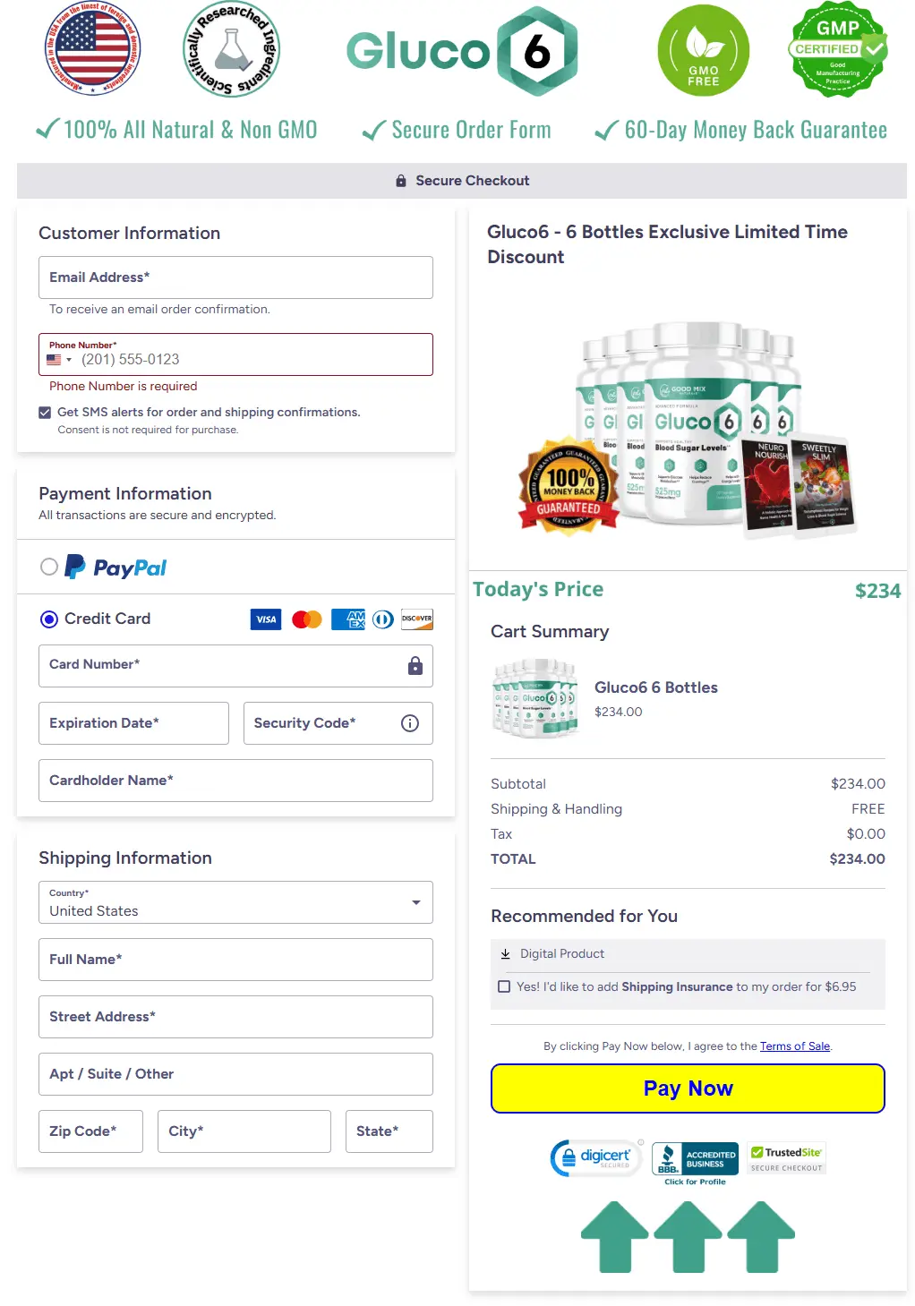 Secure Gluco6 checkout page for placing your order